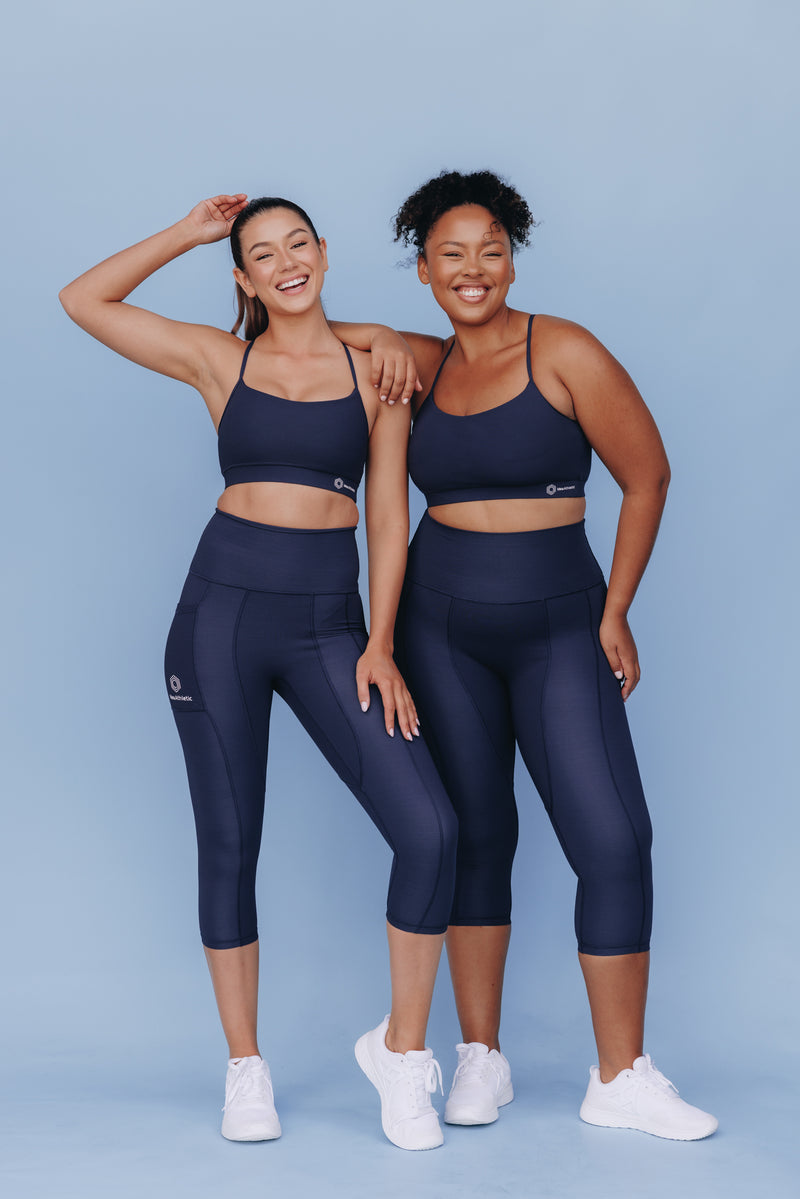 Sweat Resistant Activewear, high waisted statement navy 3/4 length tights, high waisted 3/4 length tights, Idea Athletic Australia