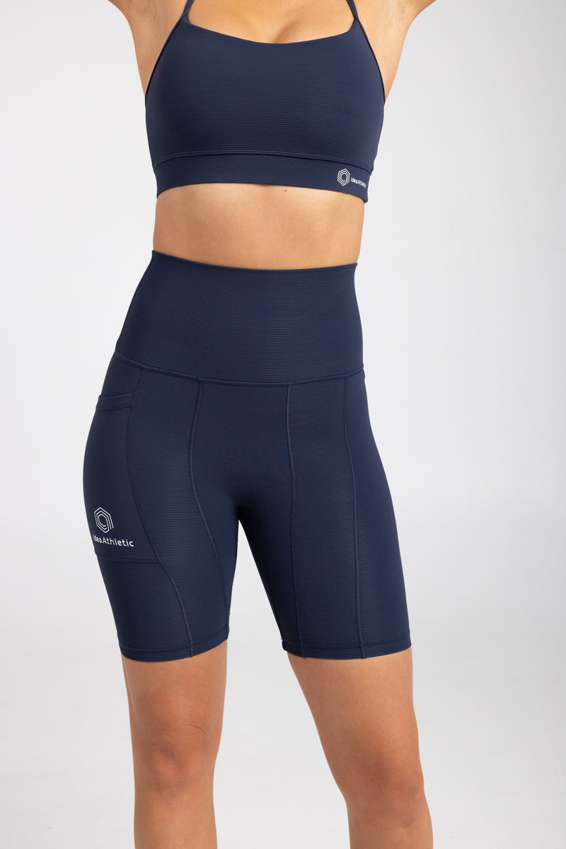 Sweat Resistant Activewear, high waisted statement navy bike shorts, high waisted bike shorts, Idea Athletic Australia