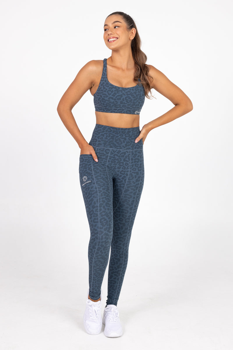 Sweat Resistant Activewear, high waisted blue leopard full length tights, high waisted full length leggings, Idea Athletic Australia