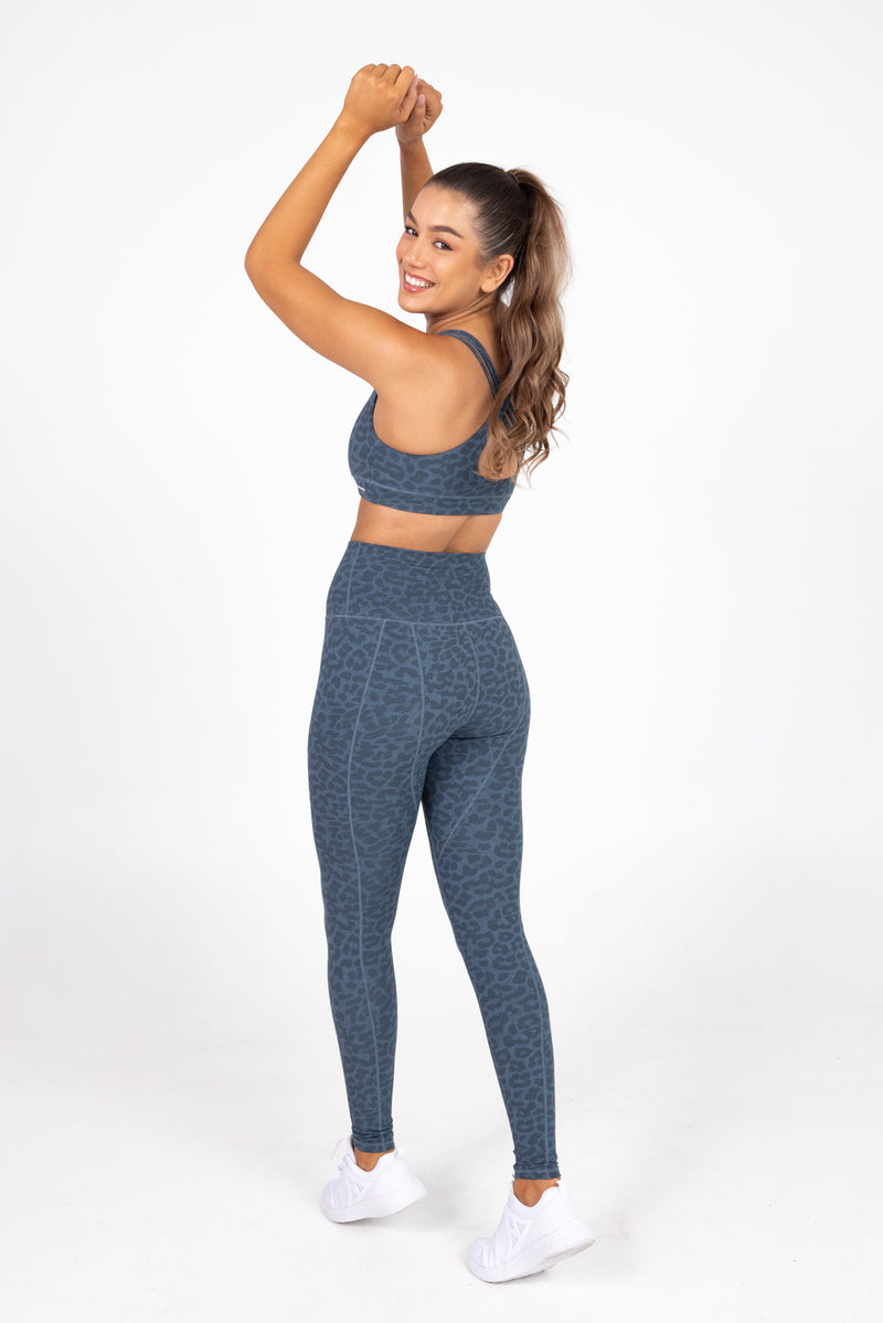 Sweat Resistant Activewear, high waisted blue leopard full length tights, high waisted full length leggings, Idea Athletic Australia