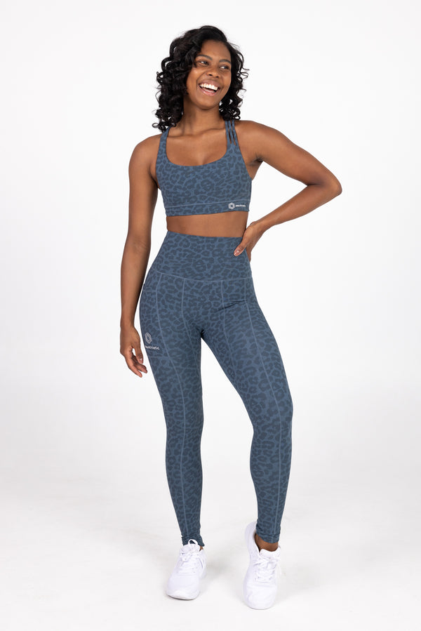 Sweat Resistant Activewear, high waisted blue leopard full length tights, high waisted full length leggings, Idea Athletic Australia