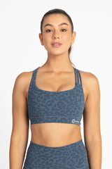 sweat resistant activewear - sweat resistant sport bra - blue leopard sport bra - blue leopard sweat resistant sport bra