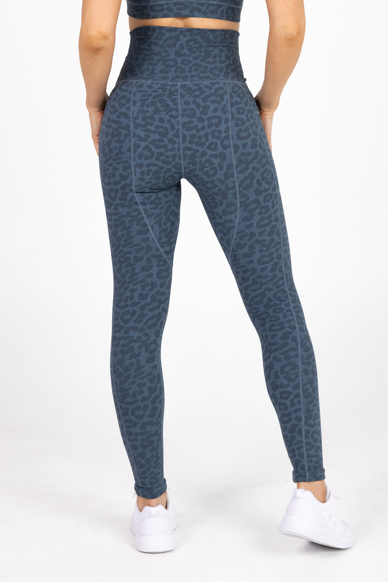 Sweat Resistant Activewear, high waisted blue leopard full length tights, high waisted full length leggings, Idea Athletic Australia